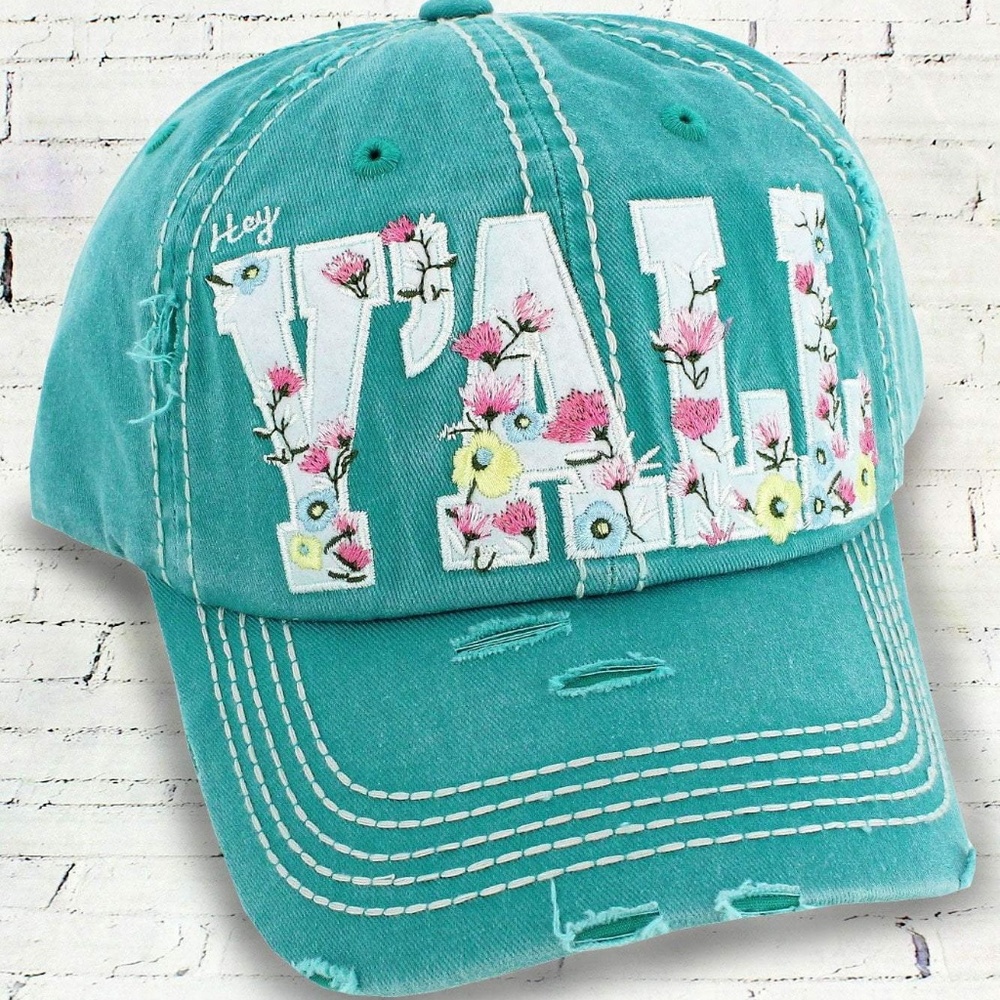 Distressed Turquoise Floral Hat